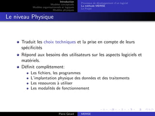 Introduction
Modèles conceptuels
Modèles organisationnels et logiques
Modèles physiques
Processus de développement d’un logiciel
La méthode MERISE
Le Projet
Le niveau Physique
Traduit les choix techniques et la prise en compte de leurs
spécificités
Répond aux besoins des utilisateurs sur les aspects logiciels et
matériels.
Définit complètement:
Les fichiers, les programmes
L’implantation physique des données et des traitements
Les ressources à utiliser
Les modalités de fonctionnement
Pierre Gérard MERISE
 