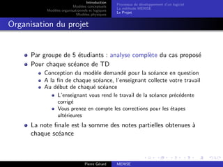 Introduction
Modèles conceptuels
Modèles organisationnels et logiques
Modèles physiques
Processus de développement d’un logiciel
La méthode MERISE
Le Projet
Organisation du projet
Par groupe de 5 étudiants : analyse complète du cas proposé
Pour chaque scéance de TD
Conception du modèle demandé pour la scéance en question
A la fin de chaque scéance, l’enseignant collecte votre travail
Au début de chaqué scéance
L’enseignant vous rend le travail de la scéance précédente
corrigé
Vous prenez en compte les corrections pour les étapes
ultérieures
La note finale est la somme des notes partielles obtenues à
chaque scéance
Pierre Gérard MERISE
 