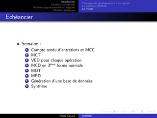 Introduction
Modèles conceptuels
Modèles organisationnels et logiques
Modèles physiques
Processus de développement d’un logiciel
La méthode MERISE
Le Projet
Echéancier
Semaine :
1 Compte rendu d’entretiens et MCC
2 MCT
3 VED pour chaque opération
4 MCD en 3ème
forme normale
5 MOT
6 MPD
7 Génération d’une base de données
8 Synthèse
Pierre Gérard MERISE
 