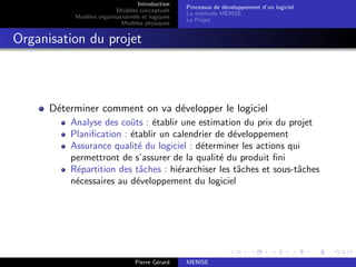 Introduction
Modèles conceptuels
Modèles organisationnels et logiques
Modèles physiques
Processus de développement d’un logiciel
La méthode MERISE
Le Projet
Organisation du projet
Déterminer comment on va développer le logiciel
Analyse des coûts : établir une estimation du prix du projet
Planification : établir un calendrier de développement
Assurance qualité du logiciel : déterminer les actions qui
permettront de s’assurer de la qualité du produit fini
Répartition des tâches : hiérarchiser les tâches et sous-tâches
nécessaires au développement du logiciel
Pierre Gérard MERISE
 
