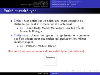 Introduction
Modèles conceptuels
Modèles organisationnels et logiques
Modèles physiques
Modèle Conceptuel de Communication
Modèle Conceptuel des Traitements
Modèle Conceptuel des Données
Formes normales d’un MCD
Entité et entité type
Entité : Une entité est un objet, une chose concrète ou
abstraite qui peut être reconnue distinctement
Ex : Jean-Claude, Momo, Ma Voiture, Son 4x4, l’Île de
France, la Bretagne
Entité type : Une entité type est la représentation commune
que l’on adopte pour des entités qui possèdent les mêmes
caractéristiques
Ex : Personne, Voiture, Région
Une entité est une occurence d’une entité type (ou instance)
Personne
Pierre Gérard MERISE
 