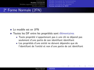 Introduction
Modèles conceptuels
Modèles organisationnels et logiques
Modèles physiques
Modèle Conceptuel de Communication
Modèle Conceptuel des Traitements
Modèle Conceptuel des Données
Formes normales d’un MCD
2e
Forme Normale (2FN)
Le modèle est en 1FN
Toutes les DF entre les propriétés sont élémentaires
Toute propriété n’appartenant pas à une clé ne dépend pas
seulement d’une partie de son identifiant identifiant
Les propriétés d’une entité ne doivent dépendre que de
l’identifiant de l’entité et non d’une partie de cet identifiant
Pierre Gérard MERISE
 