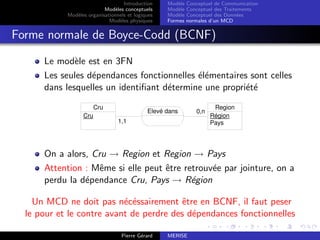 Introduction
Modèles conceptuels
Modèles organisationnels et logiques
Modèles physiques
Modèle Conceptuel de Communication
Modèle Conceptuel des Traitements
Modèle Conceptuel des Données
Formes normales d’un MCD
Forme normale de Boyce-Codd (BCNF)
Le modèle est en 3FN
Les seules dépendances fonctionnelles élémentaires sont celles
dans lesquelles un identifiant détermine une propriété
0,n
1,1
Cru
Cru
Region
Région
Pays
Elevé dans
On a alors, Cru → Region et Region → Pays
Attention : Même si elle peut être retrouvée par jointure, on a
perdu la dépendance Cru, Pays → Région
Un MCD ne doit pas nécéssairement être en BCNF, il faut peser
le pour et le contre avant de perdre des dépendances fonctionnelles
Pierre Gérard MERISE
 
