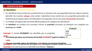 26
Prof: Q YOUNES
09/03/2025
CHAPITRE 2 : MODELE ENTITE - ASSOCIATION
I. CONCEPTS DE BASE
d) Identifiant
 Un identifiant d’une entité est constitué d’une ou plusieurs de ses propriétés dont les valeurs doivent
identifier de manière unique cette entité. L’identifiant d’une entité est une propriété particulière de
l’entité tel qu’à chaque valeur de l’identifiant corresponde une et une seule occurrence de l’entité.
 Le modèle conceptuel des données (MCD) propose de souligner les identifiants
 Un identifiant est constitué d’un ensemble minimal de propriétés permettant de distinguer sans ambiguïté une
occurrence de l’entité.
ETUDIANT
code
nom
prénom
Tél
Exemple 1: l’entité ETUDIANT est identifiée par la propriété
code:
 Il n'existe pas deux occurrences de l’entité ETUDIANT ayant le même
code.
 Chaque nouvelle valeur de l’attribut code donne un nouveau Etudiant
Exemple 2: le N° CIN permet de distinguer sans ambiguïté chaque citoyen marocain.
Exemple 3: le matricule est un identifiant de l’entité « Voiture »
 