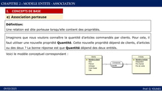 33
Prof: Q YOUNES
09/03/2025
CHAPITRE 2 : MODELE ENTITE - ASSOCIATION
I. CONCEPTS DE BASE
e) Association porteuse
Définition:
Une relation est dite porteuse lorsqu’elle contient des propriétés.
Imaginons que nous voulons connaître la quantité d’articles commandés par clients. Pour cela, il
faut utiliser une nouvelle propriété Quantité. Cette nouvelle propriété dépend de clients, d’articles
ou des deux ? La bonne réponse est que Quantité dépend des deux entités.
Voici le modèle conceptuel correspondant :
 