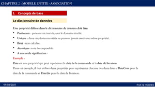 35
Prof: Q YOUNES
09/03/2025
CHAPITRE 2 : MODELE ENTITE - ASSOCIATION
I. Concepts de base
Une propriété définie dans le dictionnaire de données doit être:
 Pertinente : présente un intérêt pour le domaine étudié.
 Unique : deux ou plusieurs entités ne peuvent jamais avoir une même propriété.
 Brut : non calculée.
 Atomique: nom décomposable.
 A une seule signification :
Exemple :
Date est une propriété qui peut représenter la date de la commande et la date de livraison.
Dans cet exemple, il faut utiliser deux propriétés pour représenter chacune des deux dates : DateCom pour la
date de la commande et DateLiv pour la date de livraison.
Le dictionnaire de données
 