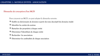 38
Prof: Q YOUNES
09/03/2025
CHAPITRE 2 : MODELE ENTITE - ASSOCIATION
Pour concevoir un MCD, on peut adopter la démarche suivante:
 Etablir un dictionnaire de données à partir du texte descriptif du domaine étudié
 Identifier les entités du système
 Rattacher des propriétés à chaque entité
 Déterminer l’identifiant de chaque entité
 Rechercher les associations
 Déterminer les cardinalités de chaque association
Démarche de conception d’un MCD
 