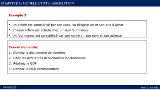 47
Prof: Q YOUNES
09/03/2025
CHAPITRE 2 : MODELE ENTITE - ASSOCIATION
 Un article est caractérisé par son code, sa désignation et son prix d’achat
 Chaque article est acheté chez un seul fournisseur
 Un fournisseur est caractérisé par son numéro , son nom et son adresse
Exemple 2
Travail demandé:
1. Donnez le dictionnaire de données
2. Citez les différentes dépendances fonctionnelles
3. Réalisez le GDF
4. Donnez le MCD correspondant
 