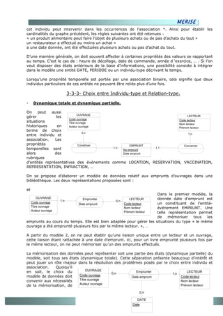 MERISE
cet individu peut intervenir dans les occurrences de l’association *. Ainsi pour établir les
cardinalités du graphe précédent, les règles suivantes ont été retenues :
« un produit alimentaire peut faire l’objet de plusieurs achats ou de pas d’achats du tout »
un restaurateur a effectué au moins un achat »
a une date donnée, ont été effectuées plusieurs achats ou pas d’achat du tout.

D’une manière générale, on doit souvent affecter à certaines propriétés des valeurs se rapportant
au temps. C’est le cas de : heure de décollage, date de commande, année d ‘exercice, … . Si l’on
veut disposer des états antérieurs de la base d’informations, une possibilité consiste à intégrer
dans le modèle une entité DATE, PERIODE ou un individu-type décrivant le temps.

Lorsqu’une propriété temporelle est portée par une association binaire, cela signifie que deux
individus particuliers de ces entités ne peuvent être reliés plus d’une fois.

                      3-3-3- Choix entre Individu-type et Relation-type.

-     Dynamique totale et dynamique partielle.

On    peut   aussi
                             OUVRAGE
gérer           les                                                       LECTEUR
                      Code ouvrage                                  Code lecteur
situations            Titre ouvrage                                 Nom lecteur
historiques      en   Auteur ouvrage                                Prénom lecteur
terme de choix
                                0,n                                        1,n
entre individu et
association.   Les
propriètés                   Constituer           EMPRUNT              Concerner
temporelles sont                          1,n              1,1
                                              No emprunt
alors          des                            Date emprunt
rubriques
d’entités représentatives des événements comme LOCATION, RESERVATION, VACCINATION,
REPRESENTATION, INFRACTION, …

On se propose d’élaborer un modèle de données relatif aux emprunts d’ouvrages dans une
bibléothèque. Les deux représentations proposées sont :

et
                                                                  Dans le premier modèle, la
         OUVRAGE             Emprunter                LECTEUR     donnée date d’emprunt est
                1,n                           0,n
     Code ouvrage         Date emprunt             Code lecteur   un constituant de l’entité-
     Titre ouvrage                                 Nom lecteur    événement EMPRUNT. Une
     Auteur ouvrage                                Prénom lecteur telle représentation permet
                                                                  de    mémoriser    tous  les
emprunts au cours du temps. Elle est bien adaptée pour gérer les situations du type « le même
ouvrage a été emprunté plusieurs fois par le même lecteur. », …

A partir du modèle 2, on ne peut établir qu’une liaison unique entre un lecteur et un ouvrage,
cette liaison étant rattachée à une date d’emprunt. ici, pour un livre emprunté plusieurs fois par
le même lecteur, on ne peut mémoriser qu’un des emprunts effectués.

La mémorisation des données peut représenter soit une partie des états (dynamique partielle) du
modèle, soit tous ses états (dynamique totale). Cette séparation présente beaucoup d’intérêt et
peut jouer un rôle majeur dans la résolution des problèmes posés par le choix entre individu et
association.   Quoiqu’il
en soit, le choix du           OUVRAGE                  Emprunter                LECTEUR
                                           0,n                            1,n
modèle de données doit     Code ouvrage                                       Code lecteur
                                                      Date emprunt
convenir aux nécessités    Titre ouvrage                                      Nom lecteur
                           Auteur ouvrage
de la mémorisation, de                                                        Prénom lecteur

                                                             0,n

                                                            DATE
                                                        Date
                                                                                     19
 