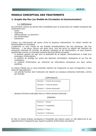 MERISE

MODELE CONCEPTUEL DES TRAITEMENTS
1- Graphe des flux (ou Modèle de Circulation et Communication)

       1-1 Définitions
les premières notions qui doivent être considérées pour la construction du modèle conceptuel des
traitements sont :
- acteur
- organisme
- champ d’étude ( ou domaine )
- flux d’information
- événement

L’acteur (ou intervenant) est auteur d’une ou plusieurs interventions. Un certain nombre de
fonctionnalités lui incombent.
L’organisme vu sous l’angle de ses finalités (transformations des flux physiques, des flux
financiers, …) est perçu comme une boite noire. Une fois qu’on lui adjoint ses fonctions de
production (activité) de contrôle, de décision (pilotage) et de mémorisation, on peut toujours
appréhender comme un ensemble constitué des trois parties suivantes :
- le système opérant qui agit avec la possibilité de se réguler, éventuellement à l’aide d’un
    processeur d’informations.
- le système de pilotage qui prend des décisions d’orientation nécessaires et qui fixe les
    orientations.
- Le système d’information qui mémorise les informations nécessaires aux deux autres
    systèmes.

Le champ d’étude est un sous-ensemble cohérent de l’organisme et peut correspondre à deux
types de regroupement :
- une grande fonction dont l’exécution est répartie sur plusieurs domaines d’activités, comme
   par exemple

                                          COMPTABILITE
                               Domaine 1 = Gestion des assurances

                               Domaine 2 = Vente du matériel

                               Domaine 3 = Gestion du personnel


-   plusieurs fonctions exécutées dans un même domaine d’activité :

                                             DOMAINE i

                               Fonction 1 = Gestion

                               Fonction 2 = Comptabilité

                               Fonction 3 = Ventes

                               Fonction 4 = Techniciens


En fait, le champ d’étude correspond à l’ensemble des acteurs ayant un rôle déterminé et qui
appartiennent à l’organisme pour lequel le système d’information est destiné.




                                                                                    31
 