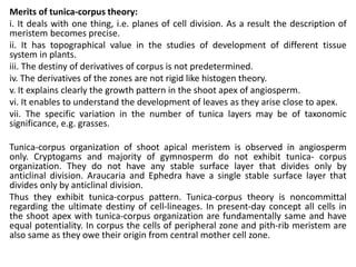 Merits of tunica-corpus theory:
i. It deals with one thing, i.e. planes of cell division. As a result the description of
meristem becomes precise.
ii. It has topographical value in the studies of development of different tissue
system in plants.
iii. The destiny of derivatives of corpus is not predetermined.
iv. The derivatives of the zones are not rigid like histogen theory.
v. It explains clearly the growth pattern in the shoot apex of angiosperm.
vi. It enables to understand the development of leaves as they arise close to apex.
vii. The specific variation in the number of tunica layers may be of taxonomic
significance, e.g. grasses.
Tunica-corpus organization of shoot apical meristem is observed in angiosperm
only. Cryptogams and majority of gymnosperm do not exhibit tunica- corpus
organization. They do not have any stable surface layer that divides only by
anticlinal division. Araucaria and Ephedra have a single stable surface layer that
divides only by anticlinal division.
Thus they exhibit tunica-corpus pattern. Tunica-corpus theory is noncommittal
regarding the ultimate destiny of cell-lineages. In present-day concept all cells in
the shoot apex with tunica-corpus organization are fundamentally same and have
equal potentiality. In corpus the cells of peripheral zone and pith-rib meristem are
also same as they owe their origin from central mother cell zone.
 