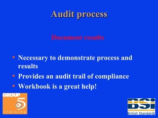 Audit process Document results Necessary to demonstrate process and results Provides an audit trail of compliance Workbook is a great help! 