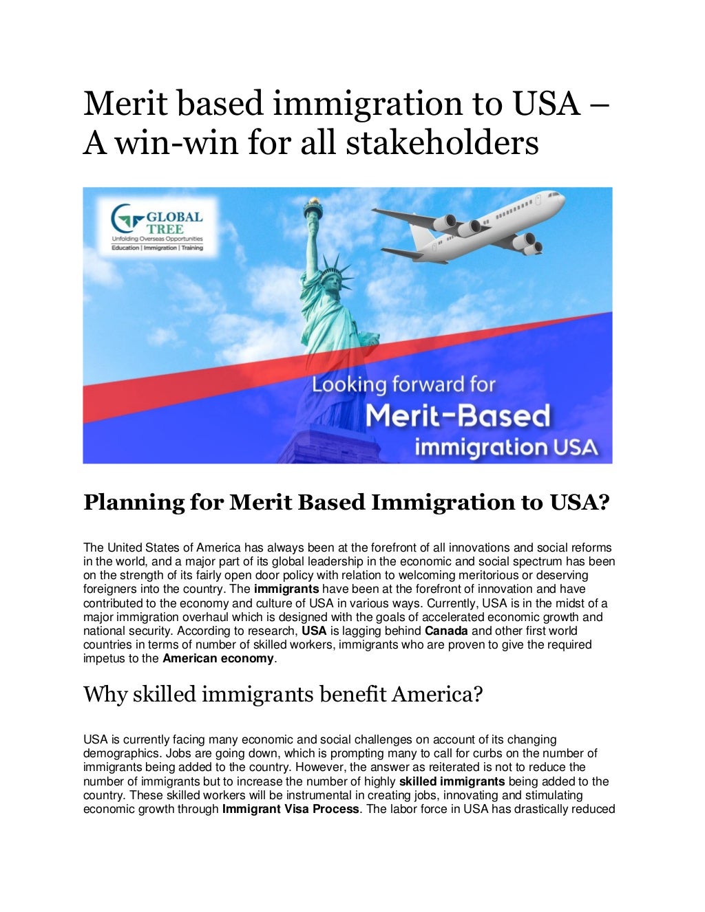 Merit based immigration to USA A winwin for all stakeholders