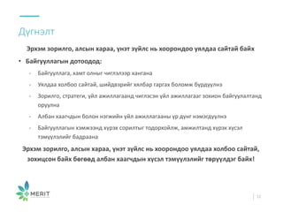 Дүгнэлт
12
Эрхэм зорилго, алсын хараа, үнэт зүйлс нь хоорондоо уялдаа сайтай байх
• Байгууллагын дотоодод:
- Байгууллага, хамт олныг чиглэлээр хангана
- Уялдаа холбоо сайтай, шийдвэрийг хялбар гаргах боломж бүрдүүлнэ
- Зорилго, стратеги, үйл ажиллагаанд чиглэсэн үйл ажиллагааг зохион байгуулалтанд
оруулна
- Албан хаагчдын болон нэгжийн үйл ажиллагааны үр дүнг нэмэгдүүлнэ
- Байгууллагын хэмжээнд хүрэх сорилтыг тодорхойлж, амжилтанд хүрэх хүсэл
тэмүүлэлийг бадраана
Эрхэм зорилго, алсын хараа, үнэт зүйлс нь хоорондоо уялдаа холбоо сайтай,
зохицсон байх бөгөөд албан хаагчдын хүсэл тэмүүлэлийг төрүүлдэг байх!
 