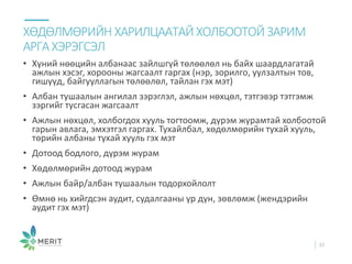 • Хүний нөөцийн албанаас зайлшгүй төлөөлөл нь байх шаардлагатай
ажлын хэсэг, хорооны жагсаалт гаргах (нэр, зорилго, уулзалтын тов,
гишүүд, байгууллагын төлөөлөл, тайлан гэх мэт)
• Албан тушаалын ангилал зэрэглэл, ажлын нөхцөл, тэтгэвэр тэтгэмж
зэргийг тусгасан жагсаалт
• Ажлын нөхцөл, холбогдох хууль тогтоомж, дүрэм журамтай холбоотой
гарын авлага, эмхэтгэл гаргах. Тухайлбал, хөдөлмөрийн тухай хууль,
төрийн албаны тухай хууль гэх мэт
• Дотоод бодлого, дүрэм журам
• Хөдөлмөрийн дотоод журам
• Ажлын байр/албан тушаалын тодорхойлолт
• Өмнө нь хийгдсэн аудит, судалгааны үр дүн, зөвлөмж (жендэрийн
аудит гэх мэт)
ХӨДӨЛМӨРИЙН ХАРИЛЦААТАЙ ХОЛБООТОЙ ЗАРИМ
АРГАХЭРЭГСЭЛ
32
 