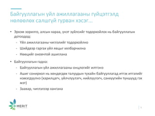 • Эрхэм зорилго, алсын хараа, үнэт зүйлсийг тодорхойлох нь байгууллагын
дотоодод:
- Үйл ажиллагааны чиглэлийг тодорхойлно
- Шийдвэр гаргах үйл явцыг хялбарчилна
- Нөөцийг оновчтой ашиглана
• Байгууллагын гадна:
- Байгууллагын үйл ажиллагааны онцлогийг илтгэнэ
- Ашиг сонирхол нь хөндөгдөх талуудын тухайн байгууллагад итгэх итгэлийг
нэмэгдүүлнэ (харилцагч, үйлчлүүлэгч, нийлүүлэгч, санхүүгийн түншүүд гэх
мэт)
- Заавар, чиглэлээр хангана
Байгууллагын үйл ажиллагааны гүйцэтгэлд
нөлөөлөх салшгүй гурван хэсэг...
5
 