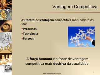 Vantagem Competitiva As  fontes  de  vantagem  competitiva mais poderosas são: Processos Tecnologia Pessoas A  força   humana  é a fonte de vantagem competitiva mais  decisiva  da atualidade. 