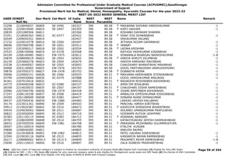 Admission Committee for Professional Under Graduate Medical Courses (ACPUGMEC),Gandhinagar
Government of Gujarat
Provisional Merit list for Medical, Dental, Homeopathy, Ayurvedic Courses For the year 2022-23
NEET UG-2022 BASED GENERAL MERIT LIST
USER IDNEET
Roll No
Gen Merit Cat Merit All India
Rank
NEET
Score
NEET
Percentile
Name Remark
33298 2218040657 06809 SE-2496 183327 396 89.58 MAKWANA SHIVANI HARESHKUMAR -1
F
36206 2220010040 06810 SE-2497 183359 396 89.58 KIRTI VADHER -1
F
20839 2201080506 06811 183366 396 89.58 RISHABH DAYARAM SHARMA
33351 2218040363 06812 SC-0377 183422 396 89.58 SHAH JIYA ISHWARBHAI -1
F
36549 2209050351 06814 183457 396 89.58 VRAJKUMAR VALAND
27152 2220010378 06816 SE-2500 183497 396 89.58 JETHAVA NIZAM GAFARBHAI -1
38696 2207060798 06817 SE-2501 183511 396 89.58 JANNAT -1
F
34297 2203090217 06818 SE-2502 183554 396 89.58 LADWA KRISHNA -1
F
25525 2208150096 06819 SC-0378 183568 396 89.58 RATHOD YASHKUMAR KIRANBHAI -1
26109 2208140085 06821 EW-1975 183612 396 89.58 SONAWALA BHARGAV NAINISHKUMAR -1-8
24878 2208090619 06822 SE-2503 183652 396 89.58 VARIYA SHRUTI DILIPBHAI -1
F
26159 2203060278 06823 SE-2504 183679 396 89.58 HADIYA HARSHAD RAVJIBHAI -1
25538 2214040007 06824 SE-2505 183693 396 89.58 CHAUDHARY BHARATBHAI MAVABHAI -1
34968 2203130005 06825 EW-1976 183703 396 89.58 GOHIL PARTHRAJSINH ANIRUDDHSINH -1
39878 2207050373 06827 EW-1978 183752 396 89.58 DOBARIYA KRINA -1
F
39096 2220060151 06828 SE-2506 183933 395 89.51 MAKVANA HARSHABEN JITENDRABHAI -1
F
24799 2204030066 06830 SC-0379 183988 395 89.51 GOHIL HARSHKUMAR ANILBHAI -1
36361 2207010016 06832 184032 395 89.51 RADADIYA ROSHNIBEN ASHOKBHAI
F
24775 2204040248 06833 SC-0380 184157 395 89.51 AMIN OM JESALBHAI -1
28358 2214020033 06835 SE-2507 184197 395 89.51 CHAUDHARI DISHA RAMESHBHAI -1
F
20986 2207040796 06836 EW-1979 184328 395 89.51 JIVANI ARPITABEN ASHOKBHAI -1
F
27247 2208120338 06837 SE-2508 184419 395 89.51 AMBALIYA DIPESHKUMAR KISHORBHAI -1
24350 2201180009 06838 SC-0382 184477 395 89.51 SONARA AVANI DIPAKKUMAR -1
F
28437 2207040436 06839 EW-1980 184483 395 89.51 LAKKAD URVISH KALUBHAI -1
34174 2223031261 06840 SE-2509 184543 395 89.51 PANCHAL HARSH KIRITBHAI -1
39913 2219020387 06842 SE-2510 184673 395 89.51 KADEGIYA SHRADDHA BHARATBHAI -1
F
34934 2229030042 06844 SE-2511 184687 395 89.51 SOLANKI UMANGKUMAR PRAFULBHAI -1
36822 2203050004 06845 SE-2512 184710 395 89.51 GOSWAMI RUTVIK UDAYPARI -1
20383 2201150115 06846 SC-0383 184712 395 89.51 AGRAWAL BANSARI -1
F
29787 2228020099 06848 SE-2514 184755 395 89.51 KATAKIYAJADAV JAYESH HASMUKHBHAI -1
28452 2207050559 06849 EW-1981 184768 395 89.51 PARASARA MIZAHBANU GULAMMUSTUFA -1
F
28507 2201100019 06850 184780 395 89.51 ETALIYA KUNJAN
39898 2208040085 06851 184805 395 89.51 ANKUSH BAJPAI
33380 2223030828 06852 EW-1982 184813 395 89.51 PATEL GAURAV DINESHBHAI -1
32594 2219030116 06854 SE-2515 184835 395 89.51 KANJARIYA NAYAN RAMNIKBHAI -1
26217 2208080602 6854.5 SE-2515.5 184849 395 89.51 PRAJAPATI MIHIR RAMESHBHAI -1-8
25690 2201110423 06856 SE-2516 184897 395 89.51 ZALA JIGNESH PRASHANTBHAI -1
Page 56 of 344
Note : (1) Your claim of reserved category is subject to finalize by competent authority of Gujarat State (2) Eligible PwD Candidate (3) Eligible for Only NRI Seats
(4) Eligible for NRI + GQ + MQ Seats (5) eligible for only reserved category seats & also eligible for Management quota seats and NRI Seats (6) Diu,Daman & DNH Candidate
(7) NHL Local (8) SMC Local (9) Only Eligible 15% AIQ Seats of BAMS & BHMS Self-Finaned Colleges
 