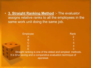 • 3. Straight Ranking Method :- The evaluator
assigns relative ranks to all the employees in the
same work unit doing the same job.
Employee Rank
A 2
B 1
C 5
D 4
E 3
Straight ranking is one of the oldest and simplest methods.
It is time saving and a comparative evaluation technique of
appraisal.
 