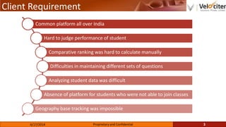 Client Requirement
3Proprietary and Confidential6/17/2014
Common platform all over India
Hard to judge performance of student
Comparative ranking was hard to calculate manually
Difficulties in maintaining different sets of questions
Analyzing student data was difficult
Absence of platform for students who were not able to join classes
Geography base tracking was impossible
 