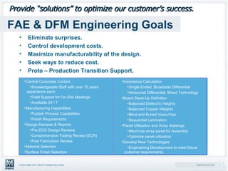 FAE & DFM Engineering Goals Eliminate surprises. Control development costs. Maximize manufacturability of the design. Seek ways to reduce cost.  Proto – Production Transition Support. Provide “solutions” to optimize our customer’s success. Impedance Calculation Single Ended, Broadside Differential Horizontal Differential, Mixed Technology Board Stack-Up Definition Balanced Dielectric Heights  Balanced Copper Weights Blind and Buried Vias/uVias Sequential Lamination Panel Utilization and Array drawings Maximize array panel for Assembly Optimize panel utilization Develop New Technologies Engineering Development to meet future customer requirements. Central Corporate Contact Knowledgeable Staff with over 15 years experience each. Field Support for On-Site Meetings Available 24 / 7 Manufacturing Capabilities Publish Process Capabilities Finish Requirements Design Reviews & Reports Pre ECO Design Reviews Comprehensive Tooling Review (ECR) Post Fabrication Review Material Selection Surface Finish Selection 