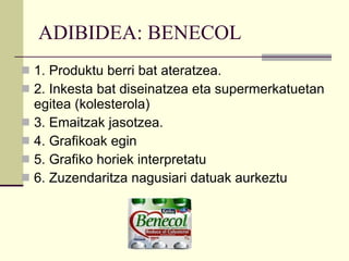 ADIBIDEA: BENECOL 1. Produktu berri bat ateratzea. 2. Inkesta bat diseinatzea eta supermerkatuetan egitea (kolesterola) 3. Emaitzak jasotzea. 4. Grafikoak egin 5. Grafiko horiek interpretatu 6. Zuzendaritza nagusiari datuak aurkeztu 