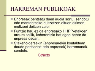 HARREMAN PUBLIKOAK Enpresak pentsatu duen irudia sortu, sendotu edo mantentzeko bultzatzen dituen ekimen multzoei deitzen zaie. Funtzio hau ez da enpresako HHPP-etakoen ardura soilik, koherentzia bat egon behar da enpresa osoan. Stakeholdersekin (enpresarekin kontaktuan daude pertsonak edo enpresak) harremanak sendotu. Stracto   
