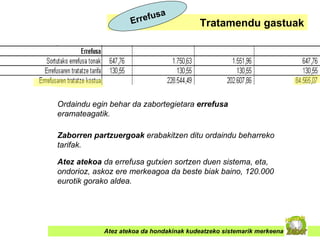 Atez atekoa da hondakinak kudeatzeko sistemarik merkeena Tratamendu gastuak Errefusa Ordaindu egin behar da zabortegietara  errefusa  eramateagatik. Zaborren partzuergoak  erabakitzen ditu ordaindu beharreko tarifak. Atez atekoa  da errefusa gutxien sortzen duen sistema, eta, ondorioz, askoz ere merkeagoa da beste biak baino, 120.000 eurotik gorako aldea. 