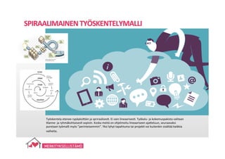 Työskentely	
  etenee	
  rypäyksi;äin	
  ja	
  spriraalises7.	
  Ei	
  vain	
  lineaarises7.	
  Työkalu-­‐	
  ja	
  kokemuspakista	
  valitaan	
  
7lanne-­‐	
  ja	
  ryhmäkohtaises7	
  sopivin.	
  Koska	
  meitä	
  on	
  ohjelmoitu	
  lineaariseen	
  aja;eluun,	
  seuraavaksi	
  
puretaan	
  työmalli	
  myös	
  ”perinteisemmin”.	
  Yksi	
  lyhyt	
  tapahtuma	
  tai	
  projek7	
  voi	
  kuitenkin	
  sisältää	
  kaikkia	
  
vaiheita.	
  	
  
SPIRAALIMAINEN	
  TYÖSKENTELYMALLI	
  
 