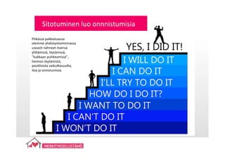 Sitotuminen	
  luo	
  onnnistumisia	
  
Pitkässä	
  palkkatuessa	
  
olemme	
  yhdistystoiminnassa	
  
useas7	
  nähneet	
  itsensä	
  
yli;ämisiä,	
  löytämisiä,	
  
”kukkaan	
  puhkeamisia”,	
  
heimon	
  löytämistä,	
  
posi7ivista	
  vaiku;avuu;a,	
  
iloa	
  ja	
  onnistumisia.	
  
 