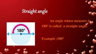 Straight angle
An angle whose measure is
180° is called a straight angle.
Example :180°
 