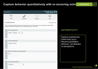 POINT-BLANK INTERNATIONAL Capture behavior quantitatively with re-occurring activities AUTHENTIC  AUTHENTICITY Capture experiences where they occur.  Record quantitative behavior, not attitudes  or perceptions. 