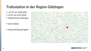 14
Trafostation in der Region Göttingen
▪ -22,7°C am 10.02.2021
▪ 37,4°C am 25.07.2019
▪ Wetterstation Göttingen
▪ Sehr lä...
