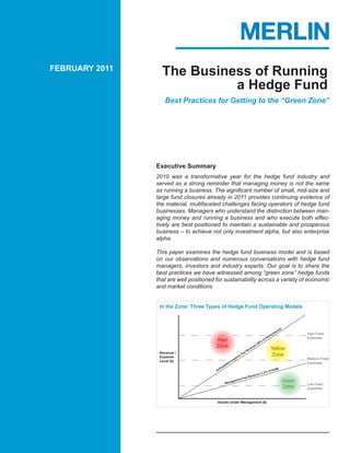 FEBRUARY 2011
                  The Business of Running
                            a Hedge Fund
                   Best Practices for Getting to the “Green Zone”




                Executive Summary
                2010 was a transformative year for the hedge fund industry and
                served as a strong reminder that managing money is not the same
                as running a business. The significant number of small, mid-size and
                large fund closures already in 2011 provides continuing evidence of
                the material, multifaceted challenges facing operators of hedge fund
                businesses. Managers who understand the distinction between man-
                aging money and running a business and who execute both effec-
                tively are best positioned to maintain a sustainable and prosperous
                business – to achieve not only investment alpha, but also enterprise
                alpha.

                This paper examines the hedge fund business model and is based
                on our observations and numerous conversations with hedge fund
                managers, investors and industry experts. Our goal is to share the
                best practices we have witnessed among “green zone” hedge funds
                that are well positioned for sustainability across a variety of economic
                and market conditions.


                 In the Zone: Three Types of Hedge Fund Operating Models



                                                                                                                   )
                                                                                                                ce
                                                                                                             an
                                                                                                           rm                High Fixed
                                                                                                       rfo
                                                                                                    Pe                       Expenses
                                         Red                                              0%
                                                                                               of
                                                                                        2
                                         Zone                                        e(
                                                                                  nu
                                                                              e ve                         Yellow
                 Revenue /                                                 eR
                 Expense                                         t ive
                                                                       Fe
                                                                                                           Zone
                                                              en                                                             Medium Fixed
                 Level ($)                                 Inc
                                                       d                                                                     Expenses
                                                  pate
                                           t  ici
                                         An                                                                  UM)
                                                                                                      of A
                                                                                               .5%
                                                                                  ven  ue (1
                                                                            ee Re
                                                                     ent F
                                                      Man
                                                           agem                                                      Green
                                                                                                                             Low Fixed
                                                                                                                     Zone    Expenses



                                         Assets Under Management ($)
 