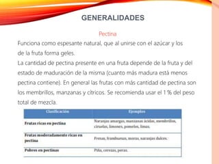 GENERALIDADES
Pectina
Funciona como espesante natural, que al unirse con el azúcar y los
de la fruta forma geles.
La cantidad de pectina presente en una fruta depende de la fruta y del
estado de maduración de la misma (cuanto más madura está menos
pectina contiene). En general las frutas con más cantidad de pectina son
los membrillos, manzanas y cítricos. Se recomienda usar el 1 % del peso
total de mezcla.
 