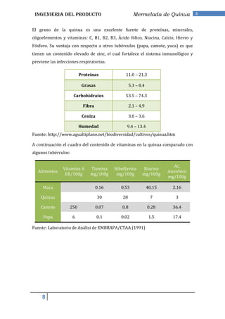 INGENIERIA DEL PRODUCTO                               Mermelada de Quinua           8


El grano de la quinua es una excelente fuente de proteínas, minerales,
oligoelementos y vitaminas: C, B1, B2, B3, Ácido fólico, Niacina, Calcio, Hierro y
Fósforo. Su ventaja con respecto a otros tubérculos (papa, camote, yuca) es que
tienen un contenido elevado de zinc, el cual fortalece el sistema inmunológico y
previene las infecciones respiratorias.

                          Proteínas             11.0 – 21.3

                           Grasas                    5.3 – 8.4

                      Carbohidratos             53.5 – 74.3

                            Fibra                    2.1 – 4.9

                           Ceniza                    3.0 – 3.6

                          Humedad                9.4 – 13.4
Fuente: http://www.agualtiplano.net/biodiversidad/cultivos/quinua.htm

A continuación el cuadro del contenido de vitaminas en la quinua comparado con
algunos tubérculos:

                                                                            Ac.
                Vitamina A     Tiamina     Riboflavina      Niacina
   Alimentos                                                             Ascorbico
                 ER/100g       mg/100g      mg/100g         mg/100g
                                                                         mg/100g

     Maca                           0.16      0.53               40.15     2.16

    Quinua                          30         28                 7         3

    Camote          250             0.07       0.8               0.28      36.4

     Papa             6             0.1       0.02                1.5      17.4

Fuente: Laboratorio de Análisi de EMBRAPA/CTAA (1991)




     8
 