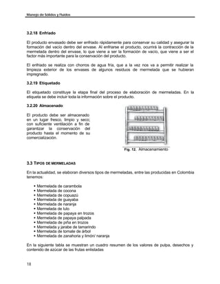 Manejo de Sólidos y Fluidos




3.2.18 Enfriado

El producto envasado debe ser enfriado rápidamente para conservar su calidad y asegurar la
formación del vacío dentro del envase. Al enfriarse el producto, ocurrirá la contracción de la
mermelada dentro del envase, lo que viene a ser la formación de vacío, que viene a ser el
factor más importante para la conservación del producto.

El enfriado se realiza con chorros de agua fría, que a la vez nos va a permitir realizar la
limpieza exterior de los envases de algunos residuos de mermelada que se hubieran
impregnado.

3.2.19 Etiquetado

El etiquetado constituye la etapa final del proceso de elaboración de mermeladas. En la
etiqueta se debe incluir toda la información sobre el producto.

3.2.20 Almacenado

El producto debe ser almacenado
en un lugar fresco, limpio y seco;
con suficiente ventilación a fin de
garantizar la conservación del
producto hasta el momento de su
comercialización.

                                                      Fig. 12. Almacenamiento



3.3 TIPOS DE MERMELADAS

En la actualidad, se elaboran diversos tipos de mermeladas, entre las producidas en Colombia
tenemos:

     §   Mermelada de carambola
     §   Mermelada de cocona
     §   Mermelada de copuazú
     §   Mermelada de guayaba
     §   Mermelada de naranja
     §   Mermelada de lulo
     §   Mermelada de papaya en trozos
     §   Mermelada de papaya palpada
     §   Mermelada de piña en trozos
     §   Mermelada y jarabe de tamarindo
     §   Mermelada de tomate de árbol
     §   Mermelada de zanahoria y limón/ naranja

En la siguiente tabla se muestran un cuadro resumen de los valores de pulpa, desechos y
contenido de azúcar de las frutas enlistadas


18
 