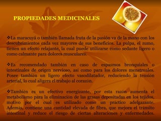 La maracuyá o también llamada fruta de la pasión va de la mano con los descubrimientos cada vez mayores de sus beneficios. La pulpa, el zumo, tienen un efecto relajante, la cual puede utilizarse como sedante ligero o como calmante para dolores musculares. Es recomendado tambi é n en caso de espasmos bronquiales o intestinales de origen nervioso, as í  como para los dolores menstruales. Posee tambi é n un ligero efecto vasodilatador, reduciendo la tensi ó n arterial, lo cual aligera el trabajo al coraz ó n. Tambi é n es un efectivo energizante, por esta raz ó n aumenta el metabolismo para la eliminaci ó n de las grasas depositadas en los tejidos, motivo por el cual es utilizado como un pr á ctico adelgazante. Adem á s, contiene una cantidad elevada de fibra, que mejora el tr á nsito intestinal y reduce el riesgo de ciertas alteraciones y enfermedades. PROPIEDADES MEDICINALES 