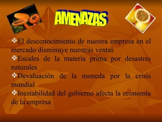 El desconocimiento de nuestra empresa en el mercado disminuye nuestras ventas Escales de la materia prima por desastres naturales Devaluación de la moneda por la crisis mundial Inestabilidad del gobierno afecta la economía de la empresa AMENAZAS 
