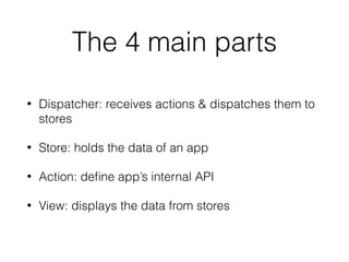 The 4 main parts
• Dispatcher: receives actions & dispatches them to
stores
• Store: holds the data of an app
• Action: deﬁne app’s internal API
• View: displays the data from stores
 