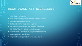 MEAN STACK KEY HIGHLIGHTS
• 100+ hours of learning
• Real-time industry professionals curate the course.
• Internships and live projects
• Dedicated staff of placement experts
• Placement is guaranteed 100 percent Assistance
• 28+ Skills That Are Useful in the Workplace
• Trainers with a minimum of 12 years of experience
• Videos and back-up classes
• Subject Matter Experts Deliver Guest Lectures
 