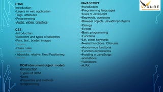 HTML
Introduction
•Layers in web application
•Tags, attributes
•Programming
•Audio, Video, Graphics
CSS
•Introduction
•Selectors and types of selectors
•Font, text, border, images
• Properties
•Class rules
• Layouts with CSS
• Absolute, relative, fixed Positioning
• Float, clear
JAVASCRIPT
•Introduction
•Programming languages
•Uses of JavaScript
•Keywords, operators
•Browser objects, JavaScript objects
•Dialogs
•Events
•Basic programming
•Functions
•Let, const keywords
•Nested functions, Closures
•Anonymous functions
•Function expressions
•Hoisting in JavaScript
•animations
•Validations
•AJAX
DOM (document object model)
•Introduction
•Types of DOM
•Uses
•Properties and methods
•programming
 