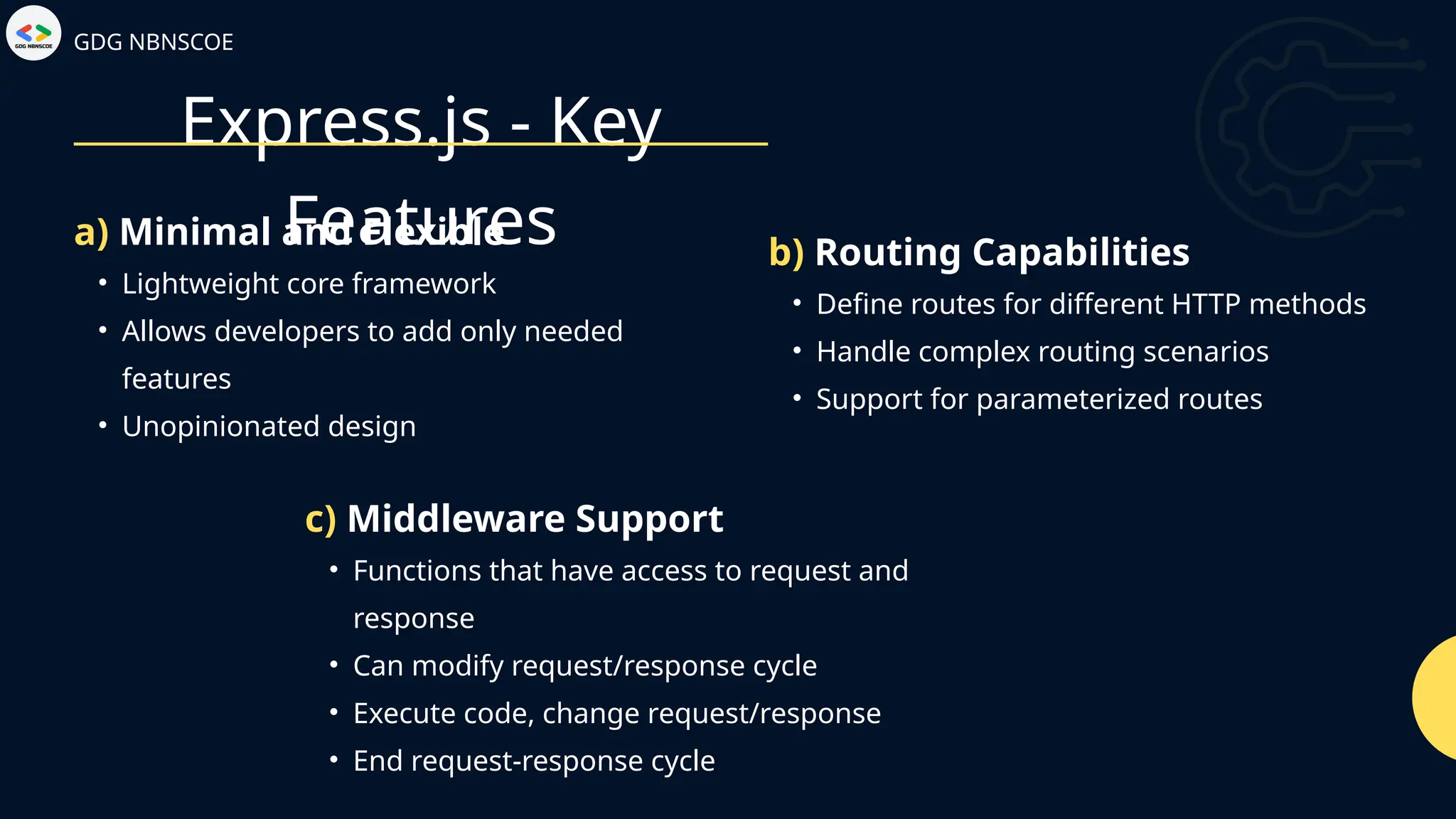 Express.js - Key
Features
GDG NBNSCOE
• Lightweight core framework
• Allows developers to add only needed
features
• Unopinionated design
a) Minimal and Flexible
• Define routes for different HTTP methods
• Handle complex routing scenarios
• Support for parameterized routes
b) Routing Capabilities
• Functions that have access to request and
response
• Can modify request/response cycle
• Execute code, change request/response
• End request-response cycle
c) Middleware Support
 