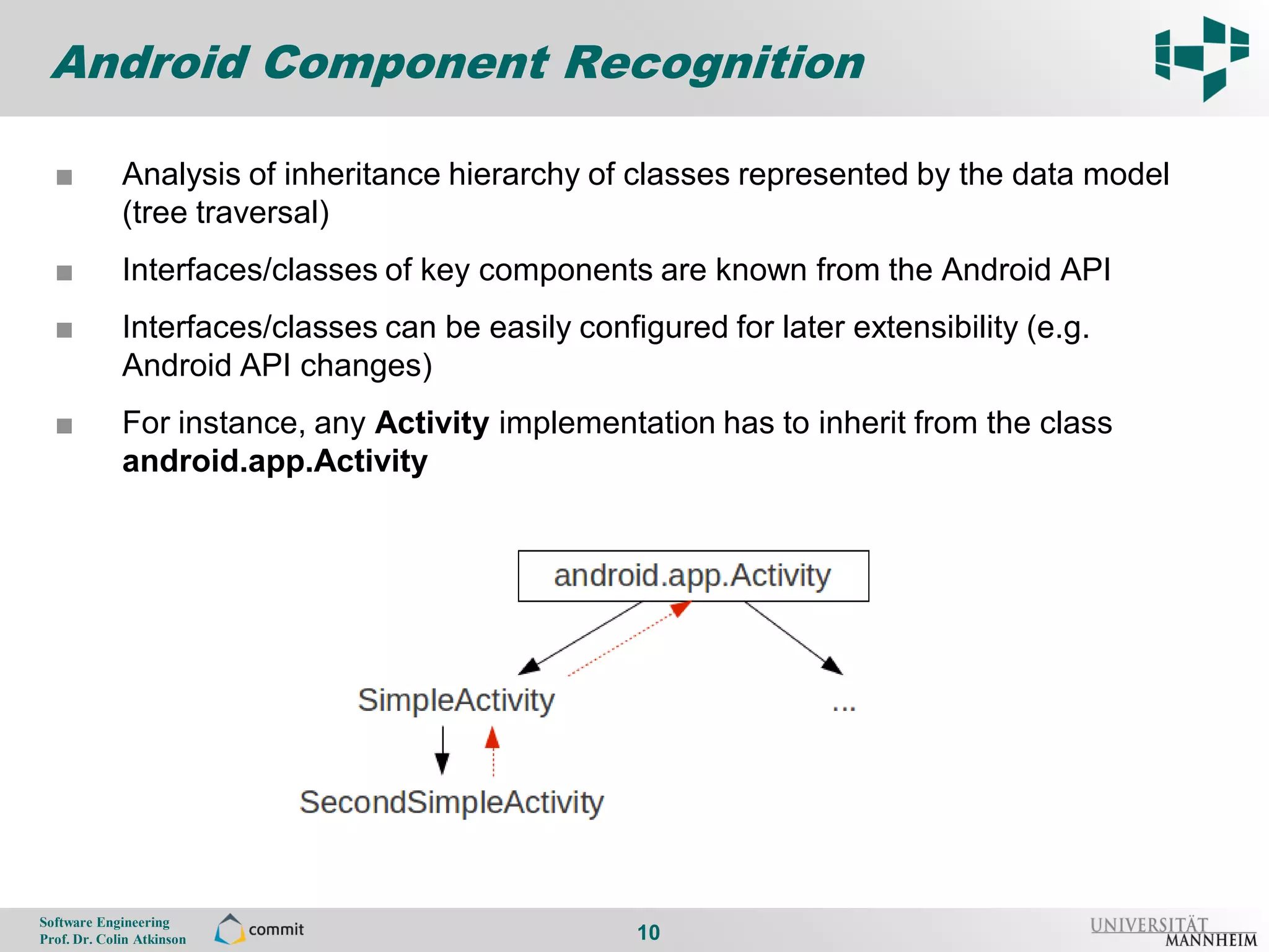 Android Component Recognition

       ■          Analysis of inheritance hierarchy of classes represented by the data model
10                (tree traversal)
       ■          Interfaces/classes of key components are known from the Android API
       ■          Interfaces/classes can be easily configured for later extensibility (e.g.
                  Android API changes)
       ■          For instance, any Activity implementation has to inherit from the class
                  android.app.Activity




     Software Engineering
     Prof. Dr. Colin Atkinson                           10
 