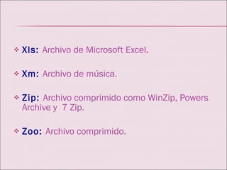 Xls:   Archivo de Microsoft Excel . Xm:   Archivo de música. Zip:   Archivo comprimido como WinZip, Powers Archive y  7 Zip. Zoo:   Archivo comprimido. 