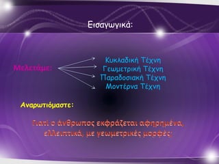 Ειζαγωγικά:



                      Κσκλαδική Σέτμη
Μελετάμε:            Γεωμεηρική Σέτμη
                     Παραδοζιακή Σέτμη
                      Μομηέρμα Σέτμη

 Αμαοωηιόμαζηε:
 