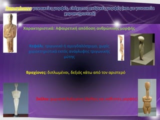 Παριςτάνουν: γυναικείεσ μορφζσ, ελάχιςτεσ ανδρικζσ μορφζσ (και με γυναικεία
                            χαρακτθριςτικά)


        Χαρακτθριςτικά: Αφαιρετικι απόδοςθ ανκρώπινθσ μορφισ


           Κεφάλι: τριγωνικό ι αμυγδαλόςχυμο, χωρίσ
           χαρακτθριςτικά εκτόσ ανάγλυφθσ τριγωνικισ
                             μφτθσ


          Βραχίονεσ: διπλωμζνοι, δεξιόσ κάτω από τον αριςτερό




               ΢κζλοι: χωριςτά λαξεμζνα (όρκιεσ και κακιςτζσ μορφζσ)
 