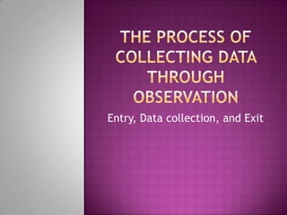 Best technique when an activity, event, or situation can be observed firsthand and a fresh perspective is desired.What to ObserveMost important is the researcher’s purpose in conducting the studyThe problem and the questions of interest determine what is to be observed.Observer can decide to focus on certain events, behaviors, or persons.