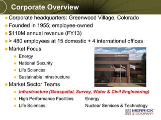 Corporate Overview
 Corporate

headquarters: Greenwood Village, Colorado
 Founded in 1955; employee-owned
 $110M annual revenue (FY13)
 > 480 employees at 15 domestic + 4 international offices
 Market Focus


Energy



National Security



Life Sciences



Sustainable Infrastructure

 Market

Sector Teams



Infrastructure (Geospatial, Survey, Water & Civil Engineering)



High Performance Facilities

Energy



Life Sciences

Nuclear Services & Technology

PREXXXX 4
Copyright © 2010 Merrick & Company All rights reserved.

 