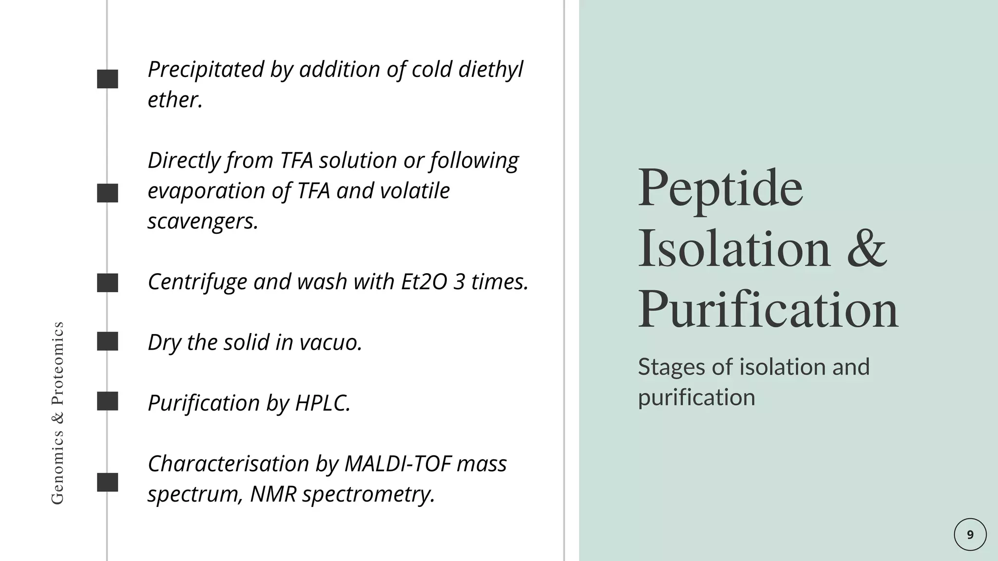 Stages of isolation and
purification
Peptide
Isolation &
Purification
Genomics
&
Proteomics
Precipitated by addition of cold diethyl
ether.
Directly from TFA solution or following
evaporation of TFA and volatile
scavengers.
Centrifuge and wash with Et2O 3 times.
Dry the solid in vacuo.
Purification by HPLC.
Characterisation by MALDI-TOF mass
spectrum, NMR spectrometry.
 